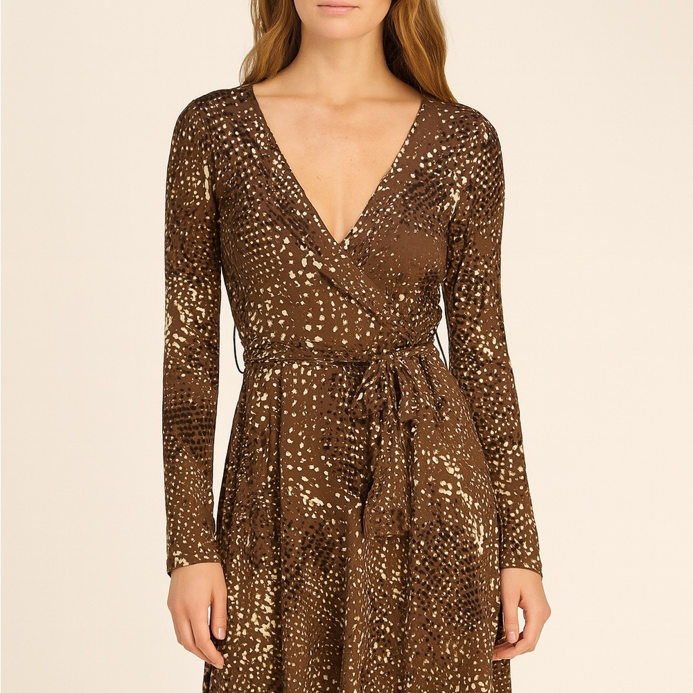 CAbi Brown Black Wrap Tie Dress snake dappled dot pattern cute comfy dress